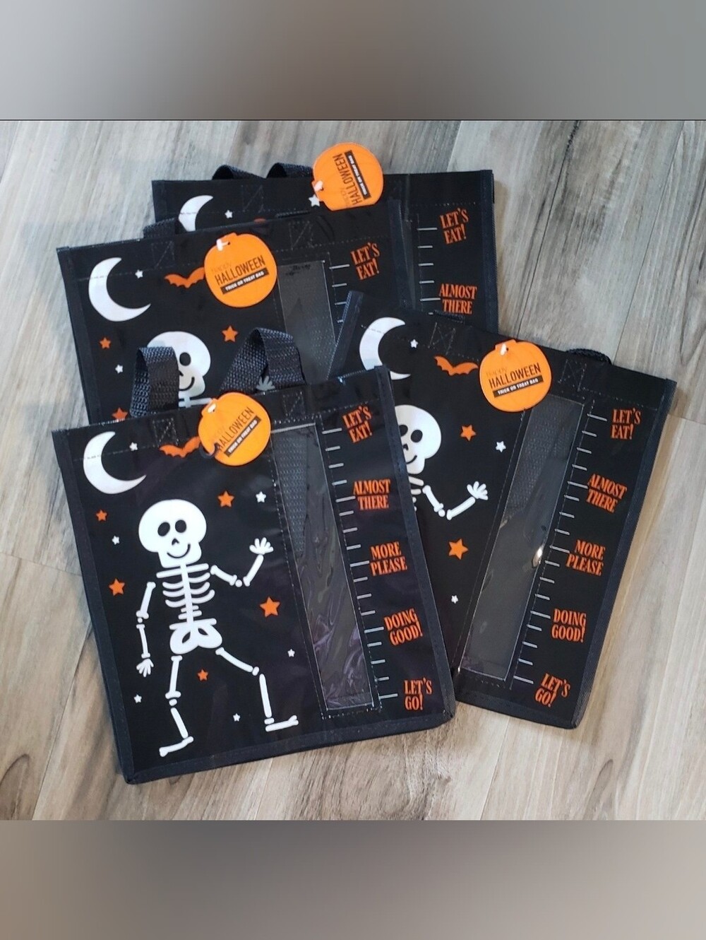 4 Trick or Treat Bags. Halloween Tote. Black, Skeleton. See Thru Candy Gauge NEW